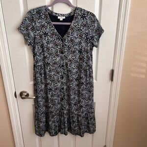 J.Jill Floral Print‎ Dress Tiered Button Front Short Sleeve Casual XS